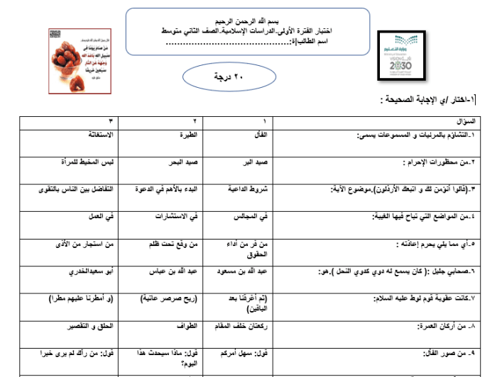 اختبار مادة العلوم الإسلامية، الثاني المتوسط، الفصل الثالث 1445